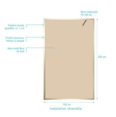 Paroi de douche à l'italienne 120x200 cm profilé or verre fumé 6 mm Golden Edge - AURLANE