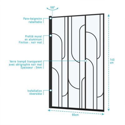 Pare-baignoire rabattable avec profilés noir mat 80x140 cm Art Deco AURLANE