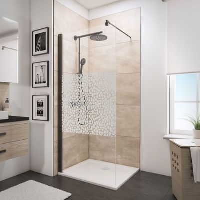 Paroi de douche à l'italienne 100x190 cm profilé noir verre sérigraphié galets 5 mm NewStyle - SCHULTE