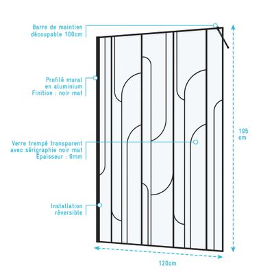 Paroi de douche à l'italienne 120x195 cm profilé noir verre sérigraphié 6 mm Art Deco - AURLANE