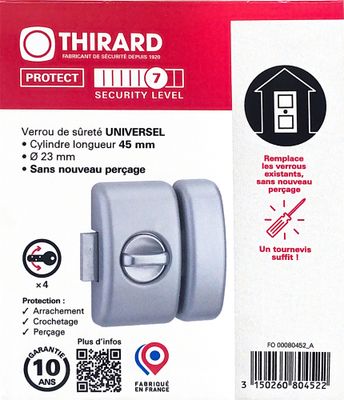 Verrou de porte d'entrée universel à bouton et cylindre 45 mm argent 4 clés THIRARD