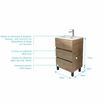 Meuble de salle de bains Timber 3 tiroirs L50 x H81 x P40 cm MDF chêne naturel vasque blanche - AURLANE