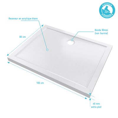 Receveur de douche 80x100 cm acrylique blanc Pure 2 - AURLANE