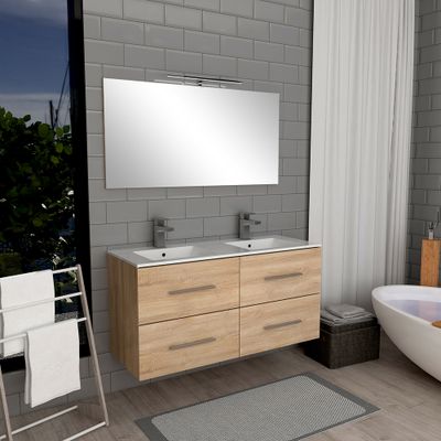 Meuble de salle de bains suspendu bois L 120 cm 4 tiroirs avec vasque et miroir Volta