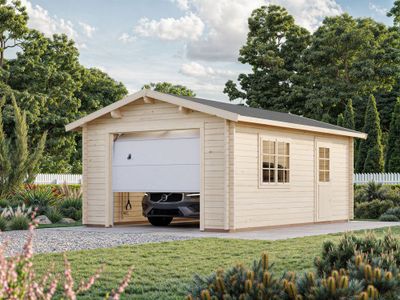Garage en bois Roger avec porte sectionnelle - ép.44 mm - 37,2 m² hors-tout - Livraison à domicile incluse - PALMAKO