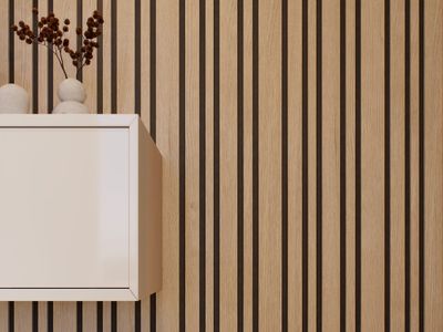 Panneau acoustique mural Decowall Acoustic Blend finition chêne ivoire sur fond noir - 17 x 300 x 2600 mm - AJ TIMBER