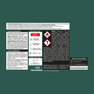 Peinture fer antirouille vert potager brillant 0,5 L - JULIEN