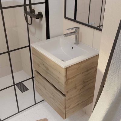Meuble de salle de bains Timber 2 tiroirs L50 x H56 x P40 cm MDF chêne naturel vasque blanche - AURLANE