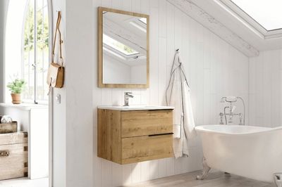 Meuble de salle de bains Reign + vasque centrée 2 tiroirs L60 x H48 x P46 cm bois mélaminé chêne foncé - EGORE