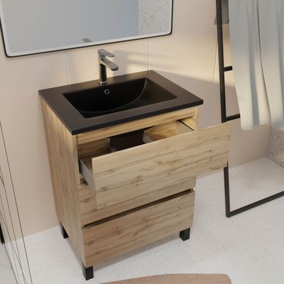 Meuble de salle de bains Timber 3 tiroirs 60 x 83 x 46 cm MDF chêne naturel + vasque céramique noire - AURLANE