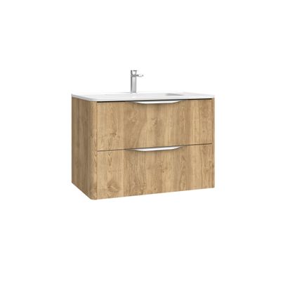 Meuble de salle de bains 2 tiroirs L80 x H60 x P45 cm mélaminé chêne naturel avec plan vasque céramique Mirabo