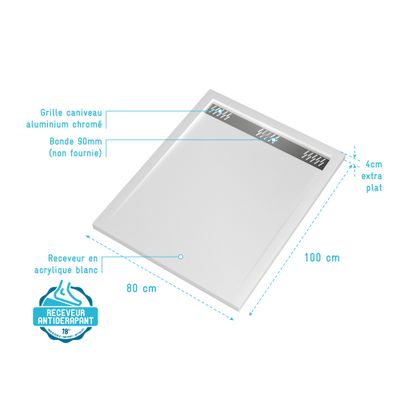 Receveur de douche 80x100 cm acrylique blanc Pure 2 - AURLANE