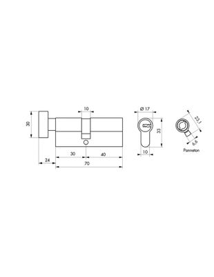 Cylindre de serrure à bouton 30 x 40 mm Transit 1 haute sécurité nickelé 5 clés THIRARD