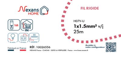Fil électrique H07V-U 1,5 mm² rigide vert/jaune 25 m - NEXANS
