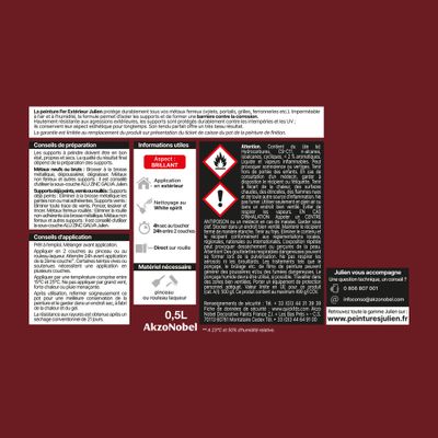 Peinture fer antirouille rouge Basque RAL 3004 satin 0,5 L - JULIEN