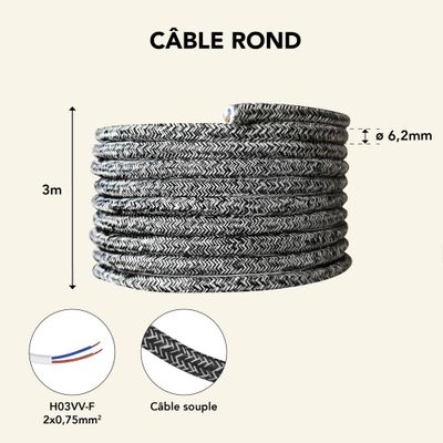 Câble électrique tissu gris chiné 3m - TIBELEC