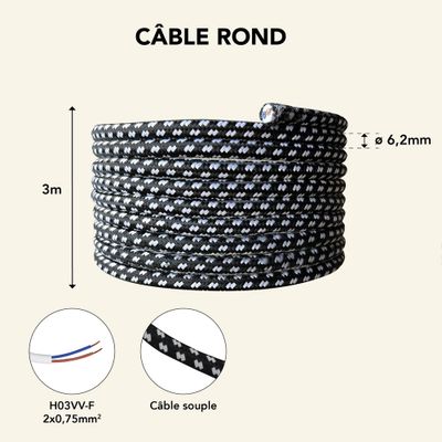 Câble électrique tissu noir & blanc 3m - TIBELEC