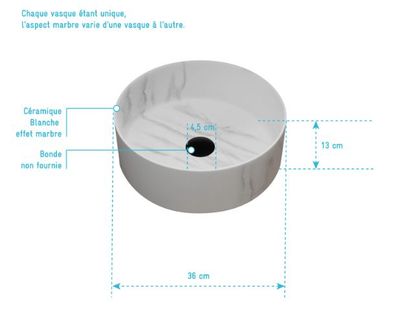 Vasque ronde à poser blanche mat effet marbre 36 x 36 x 12 cm AURLANE