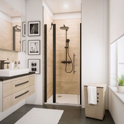 Porte de douche pivotante sur élément fixe 120x192 cm profilé noir verre transparent 5 mm New Style - SCHULTE