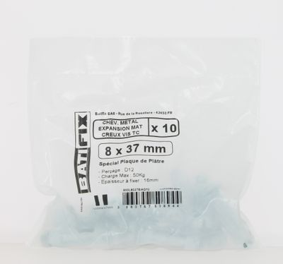 Cheville métal expansion plaque de plâtre vis tête cylindrique 8 x 37 mm par 10 BATIFIX