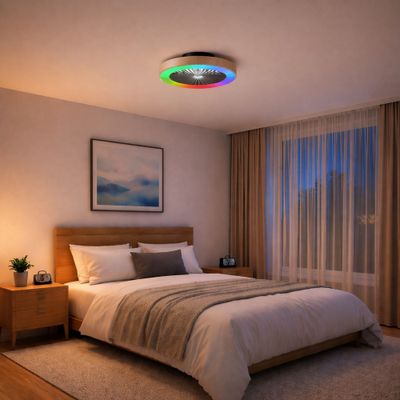 Ventilateur de plafond silencieux LED multicolore + télécommande Bois/noir Ø49cm - Slimline BRILLIANT