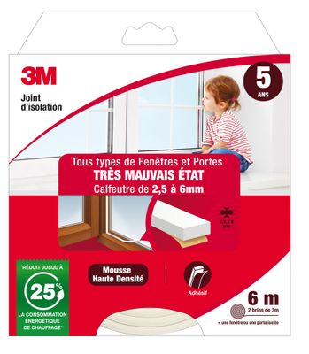 Joint d'isolation pour fenêtre et porte 6 m 2.5 à 6 mm Classique blanc 3M
