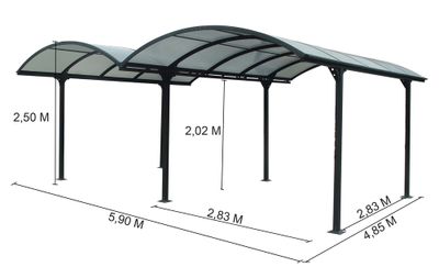 Double Carport en aluminium toit 1/2 rond  surf. Extérieur : 28,62 m² / toit plaques en  polycarbonate, Livraison à domicile incluse - HABRITA