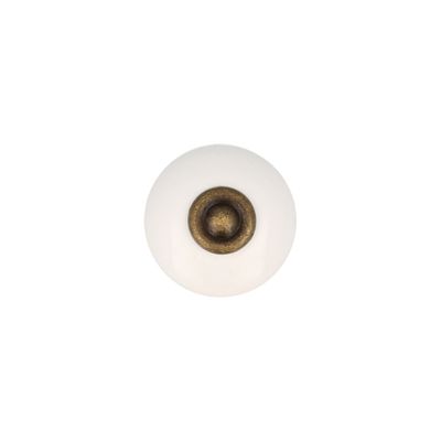 Bouton de meuble rond blanc porcelaine vieux laiton diamètre 31 mm par 4 REI
