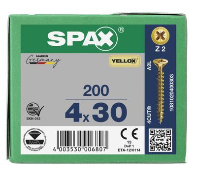 Vis tête fraisée PZ 4 x 30 mm par 200 SPAX