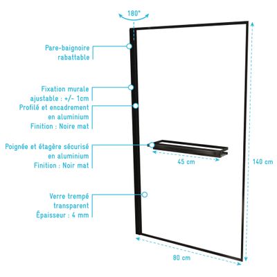 Pare-baignoire rabattable avec profilés noir mat 140x80 cm Dark Edge AURLANE