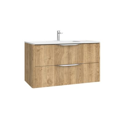 Meuble de salle de bains 2 tiroirs L100 x H60 x P45 cm mélaminé chêne naturel avec plan vasque céramique Mirabo