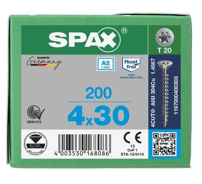Vis inox tête fraisée T-star 4 x 30 mm par 200 SPAX