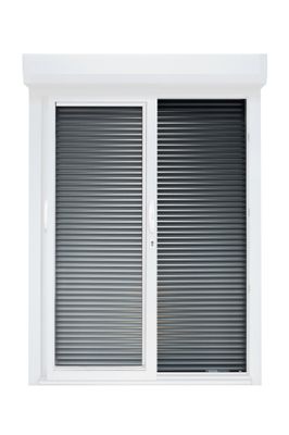 Baie vitrée coulissante pré-montée grise et blanche 2 vantaux 2 rails avec volet roulant filaire l.2400 x H.2150 mm - Gamme Signature - CLOSY