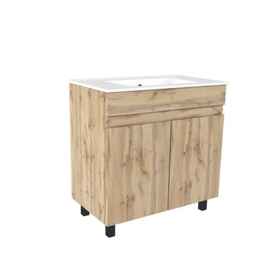 Meuble de salle de bains Timber 2 portes L80 x H83 x P46 cm MDF chêne naturel + vasque céramique blanche- AURLANE