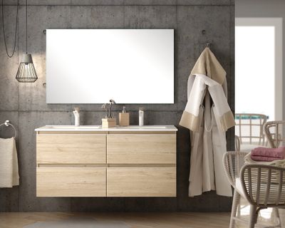 Meuble de salle de bains Inglet 120 x 61 x 45 cm 4 tiroirs bois mélaminé coloris bambou + double vasque céramique - EGORE