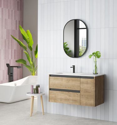 Caisson de salle de bains Thana 2 tiroirs 1 porte L100 x H55 x P45 cm panneau de particules chêne naturel