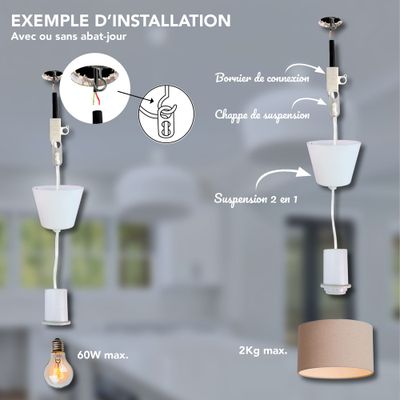 Monture métal E27 pour suspension avec fil tissu blanc - TIBELEC