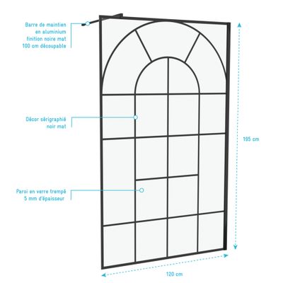 Paroi de douche à l'italienne 120x195 cm profilé noir verre sérigraphié 5 mm Garden - AURLANE