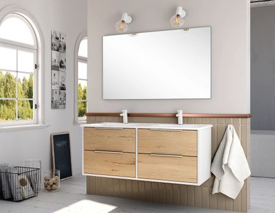 Meuble de salle de bains Duox 2 tiroirs L120 x H45 x P45 cm bois mélaminé blanc et bois - EGORE