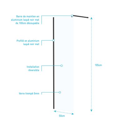 Paroi de douche à l'italienne 50x195 cm profilé noir verre transparent 5 mm Essentiel - AURLANE