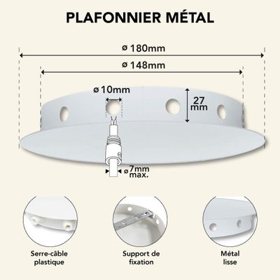 Plafonnier métal Ø 180 mm blanc 12 sorties - TIBELEC