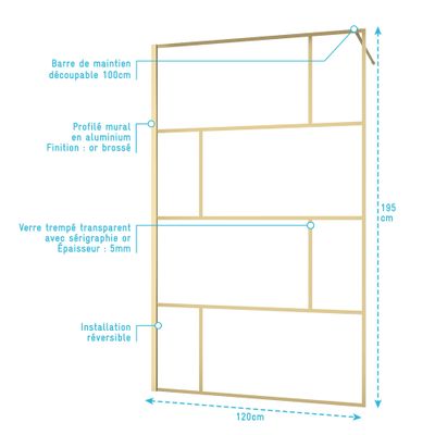Paroi de douche à l'italienne 120x195 cm profilé or verre transparent 5 mm Bricks - AURLANE