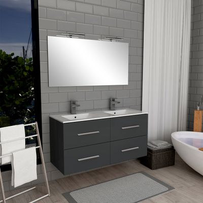 Meuble de salle de bains suspendu gris L 120 cm 4 tiroirs avec vasque et miroir Volta