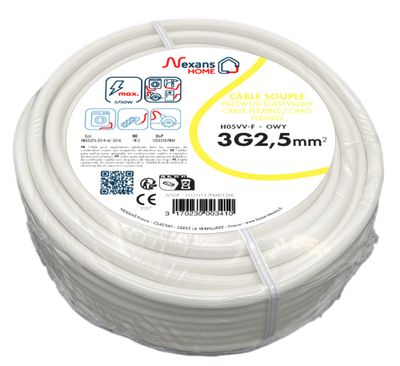 Câble électrique H05VV-F 3G2,5 mm² souple intérieur 5 m blanc - NEXANS