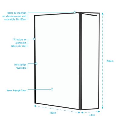 Paroi de douche à l'italienne avec déflecteur 120+40x200 cm profilé noir verre transparent 5 mm Dark Edge - AURLANE
