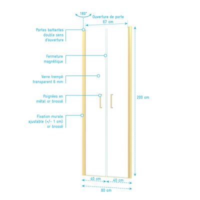 Porte de douche battante 80x200 cm profilé or verre transparent 6 mm Saloon - AURLANE