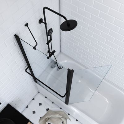 Pare-baignoire pivotant avec porte-serviette 130x105 cm profilé noir verre transparent Ibiza - AURLANE