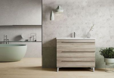 Meuble de salle de bains Cies 3 tiroirs L100 x H84 x P45 cm panneau de particules pin gris