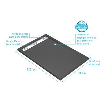 Receveur de douche 80x120 cm acrylique anthracite Pedra - AURLANE
