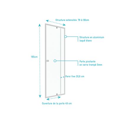 Porte de douche pivotante 90x185 cm profilé blanc verre transparent 5 mm Spot - AURLANE
